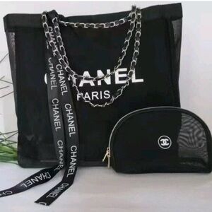 Black Mesh Tote Bag Set | Chain Strap + Cosmetic Pouch | Chic Travel Beach Bag